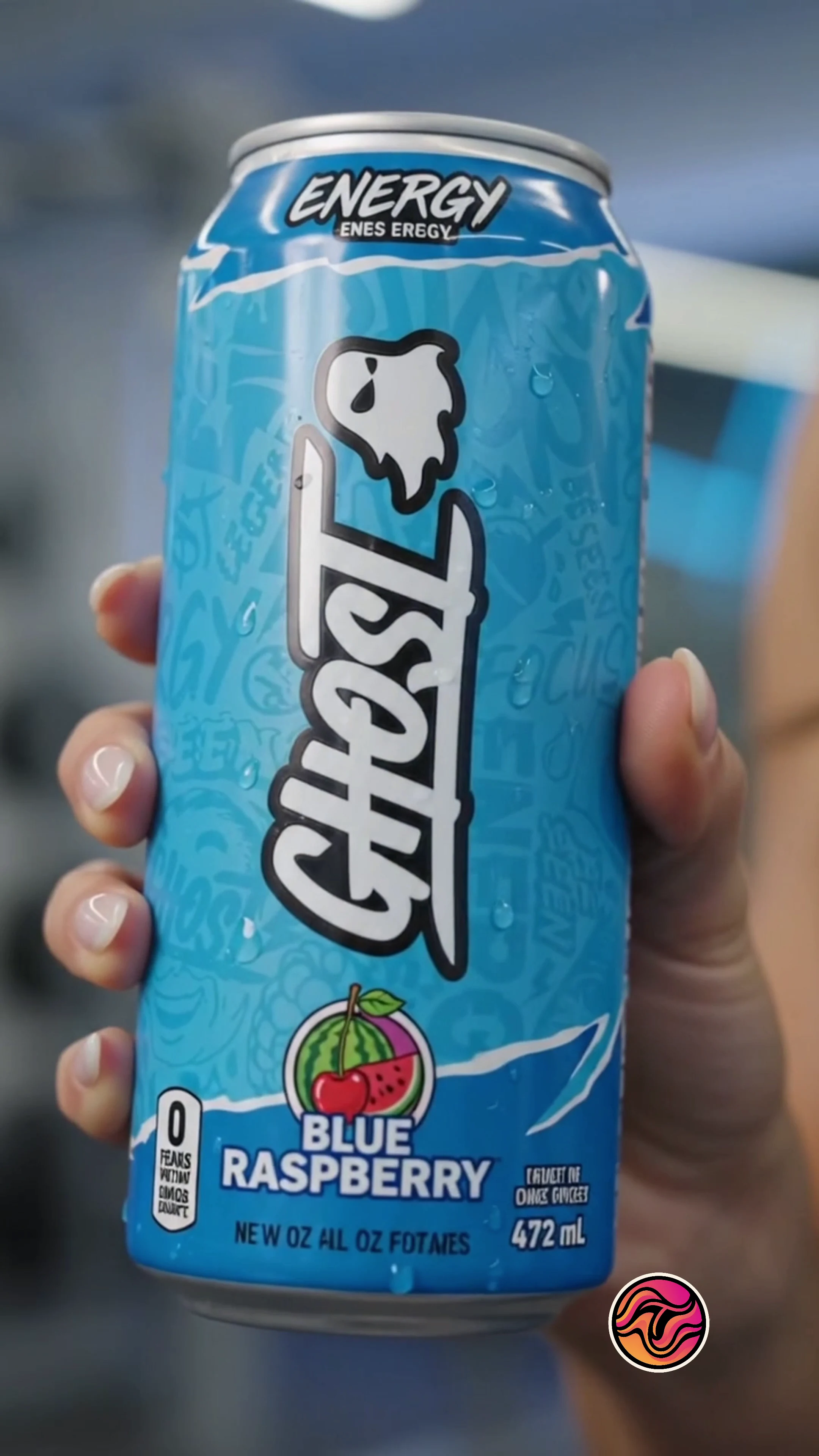Macro packaging close-up of a blue energy drink can with condensation in an AI product commercial — educational analysis only