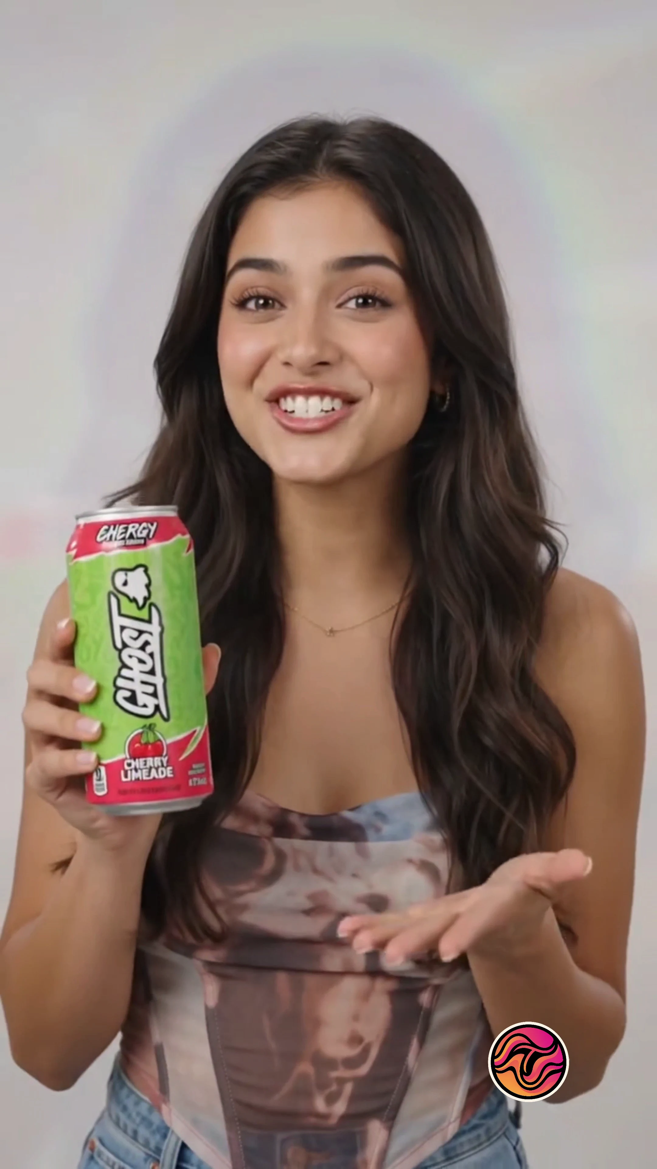 Spokesperson-style frame from an AI product commercial with product held in frame — educational analysis only