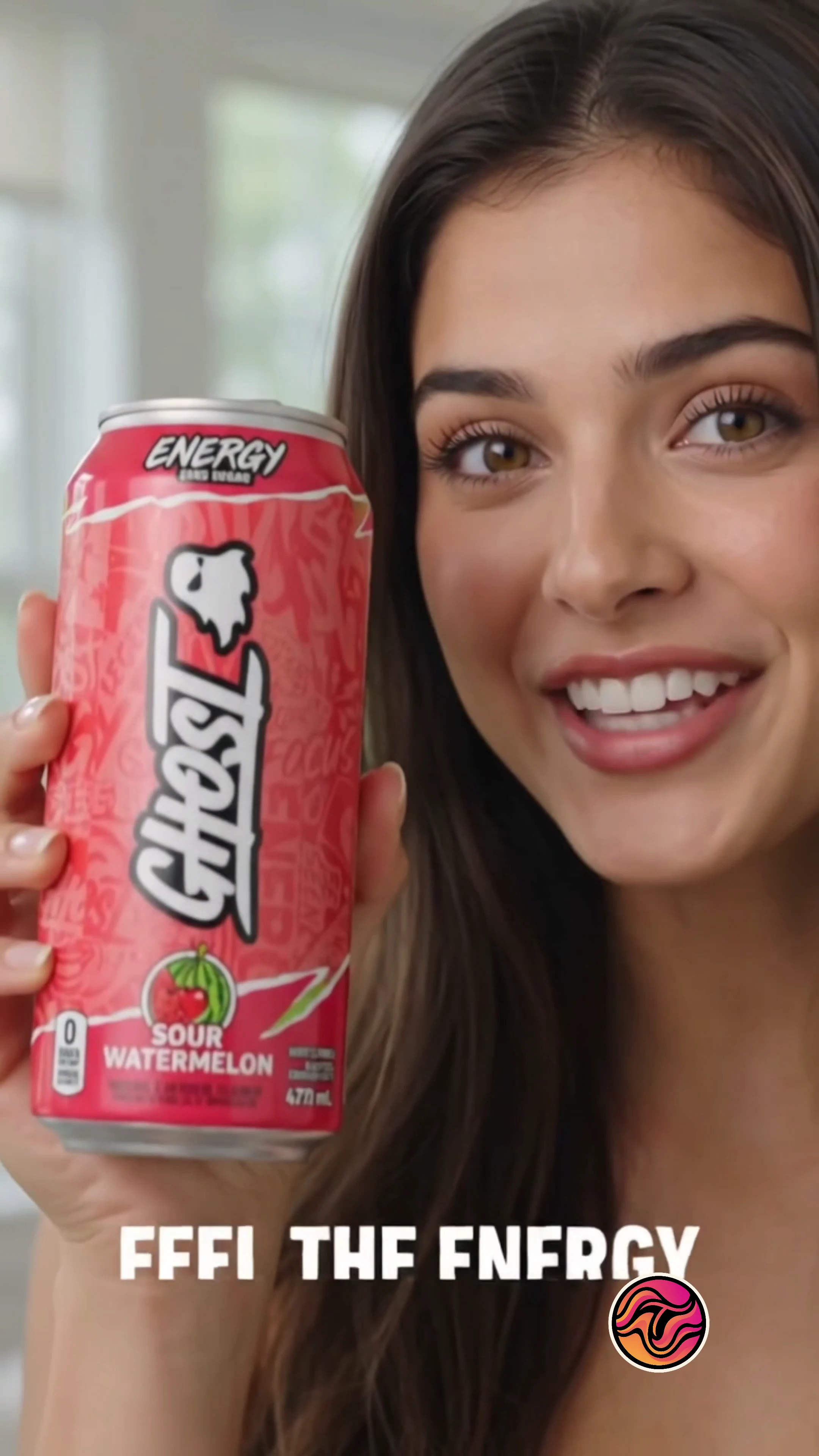 Final smiling product lockup style frame from an AI energy drink commercial — educational analysis only