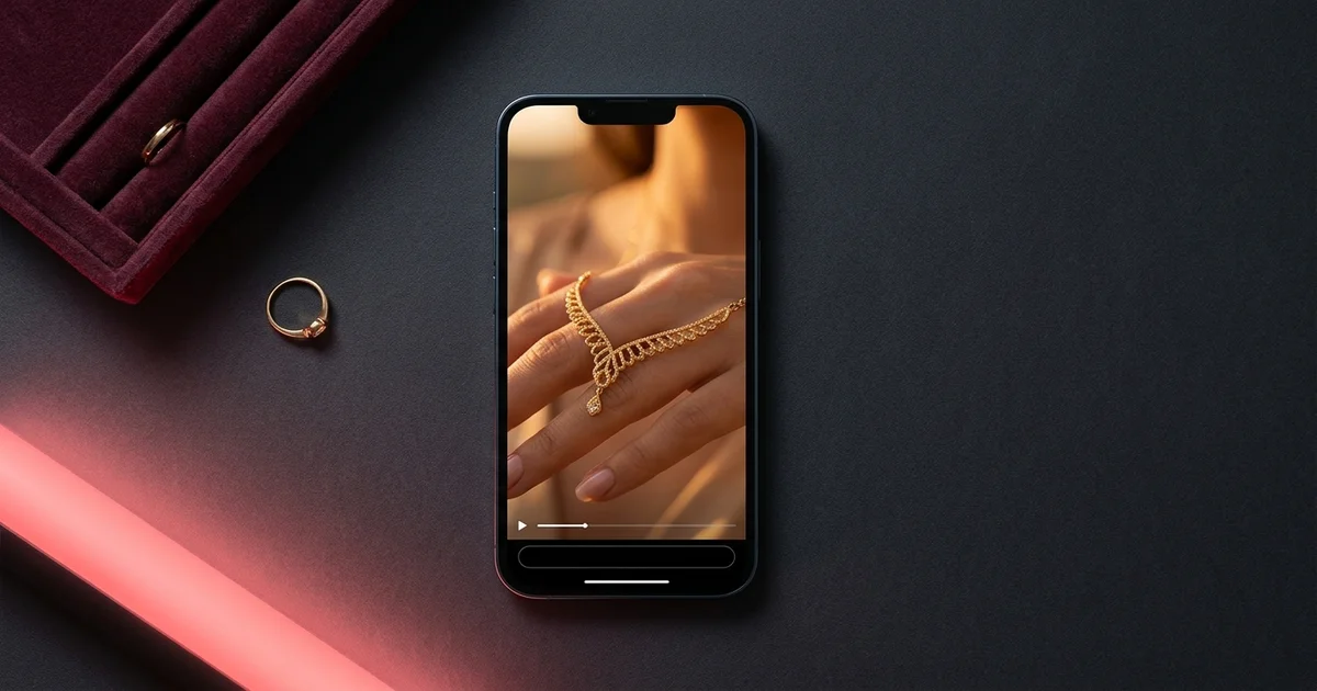 AI product video pricing in India — jewellery promo reel on a smartphone, Tegvo Studio Ahmedabad