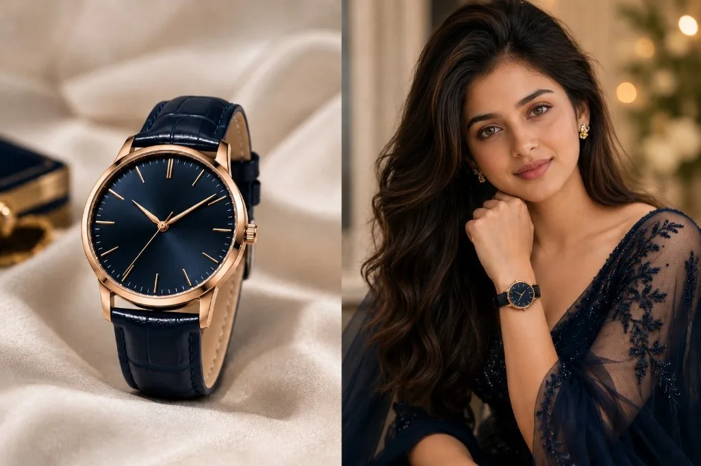 AI product video example by Tegvo Studio — a navy and rose-gold watch shown as a studio shot and as a lifestyle visual on a model, created with an AI model, no photoshoot, for product promotion in Ahmedabad and Gujarat